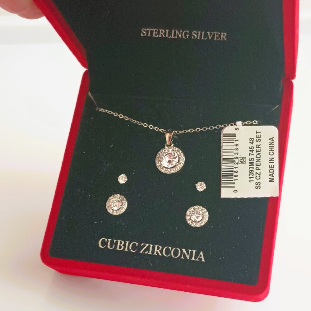 925 CZ Halo Necklace Earrings 3 Pc Set Women's Sterling Silver Pendant Jewelry